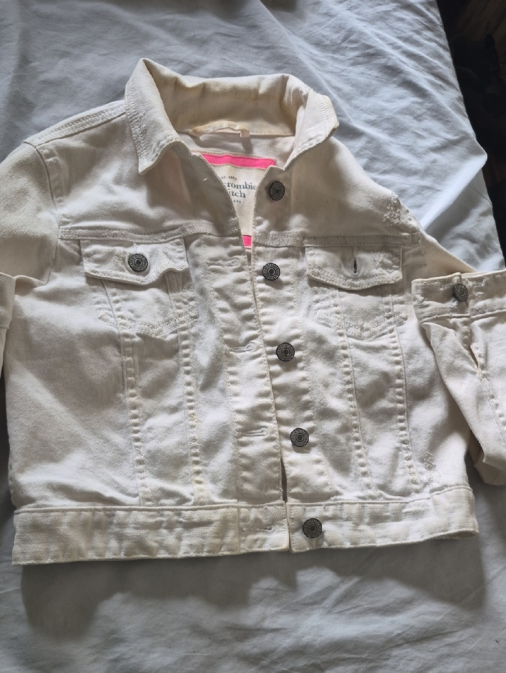 abercrombie kids cream jean jacket with pink trim